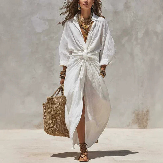 Robe décontractée à manches longues avec col chemise, poches et boutonnage simple pour femme, couleur unie