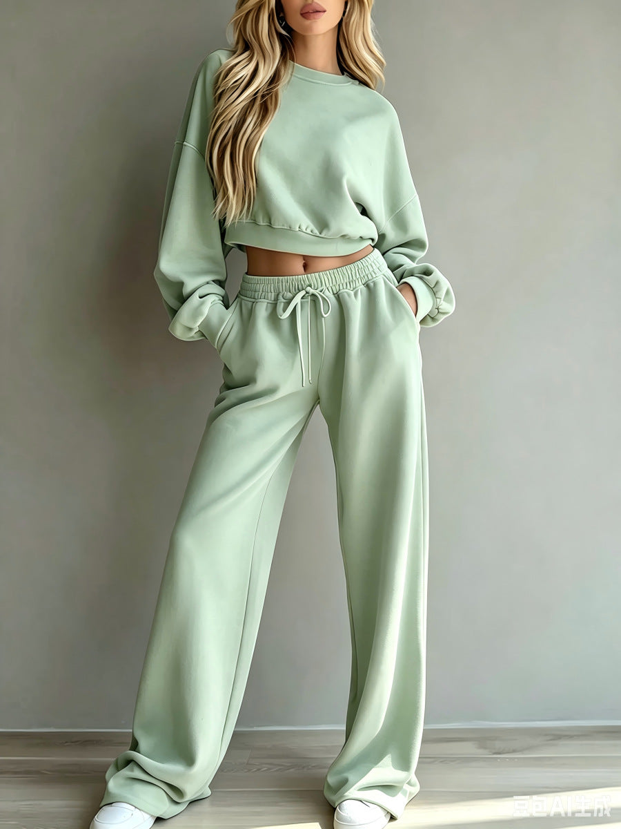 Ensemble de survêtement décontracté 2 pièces pour femme, comprenant un sweat-shirt court et un pantalon ample à jambes larges – Tenue décontractée
