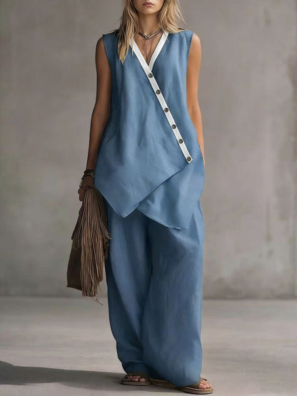 Ensemble décontracté gilet boutonné irrégulier col en V et pantalon large de style bohème