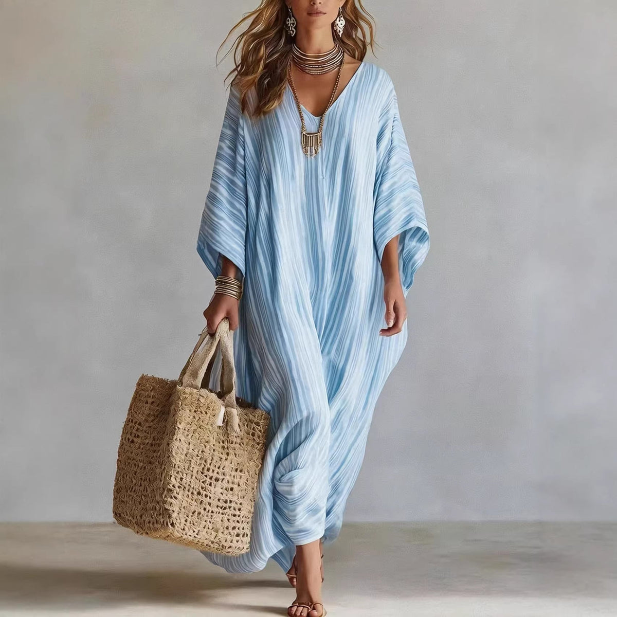 Robe longue kaftan rayée légère en mélange de lin pour femme – Paréo de plage oversize col en V