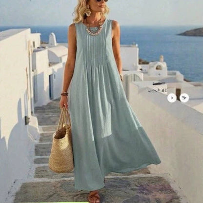 Robe longue de vacances plissée en mélange de lin avec poches
