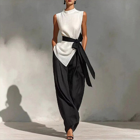 Ensemble deux pièces pour femme : haut sans manches à lacets et à couleur contrastante + pantalon à jambes larges