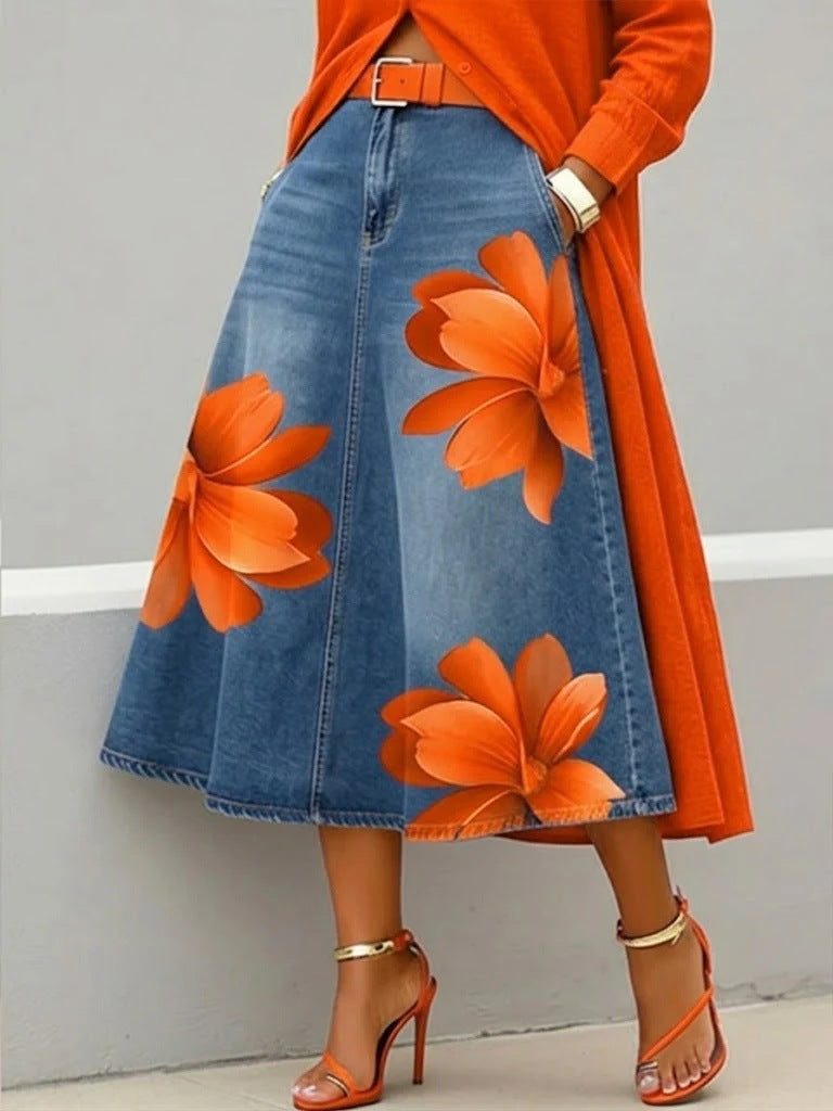 Jupe midi en jean à imprimé floral