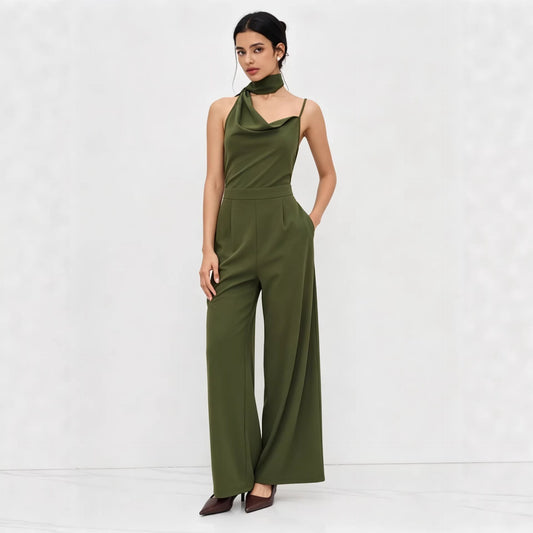 Combinaison élégante vert olive à col bénitier et jambes larges