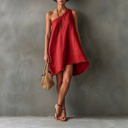 Robe Mini Asymétrique en Lin à Une Épaule avec Ourlet Effiloché
