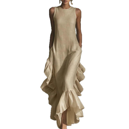 Longue robe maxi sans manches en lin à volants
