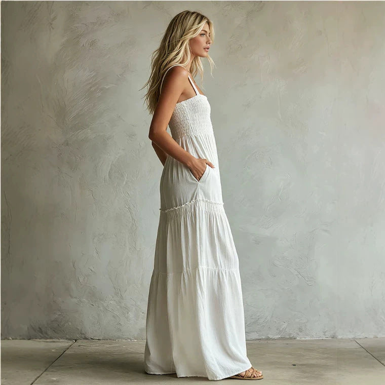 Combinaison-pantalon blanche smockée à jambes larges