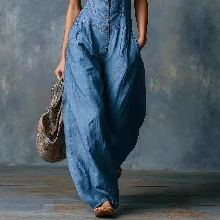 Combinaison sans manches en denim style tribal ethnique, coupe ample et fine, pour femme, printemps