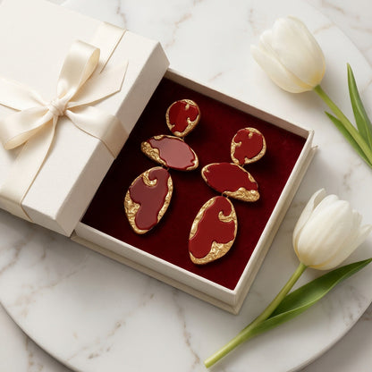 Abstract Red Enamel Tiered Drop Earrings Hammered 14K Gold Plated Statement Dangle Earrings - EH5799