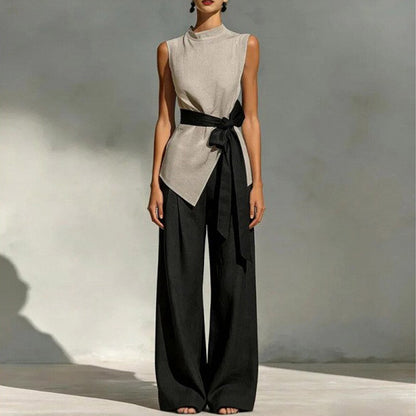 Ensemble deux pièces pour femme : haut sans manches à lacets et à couleur contrastante + pantalon à jambes larges