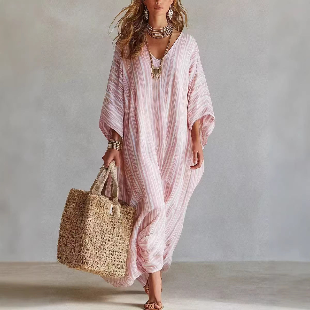 Robe longue kaftan rayée légère en mélange de lin pour femme – Paréo de plage oversize col en V