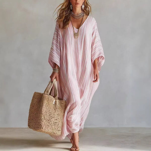 Robe longue kaftan rayée légère en mélange de lin pour femme – Paréo de plage oversize col en V