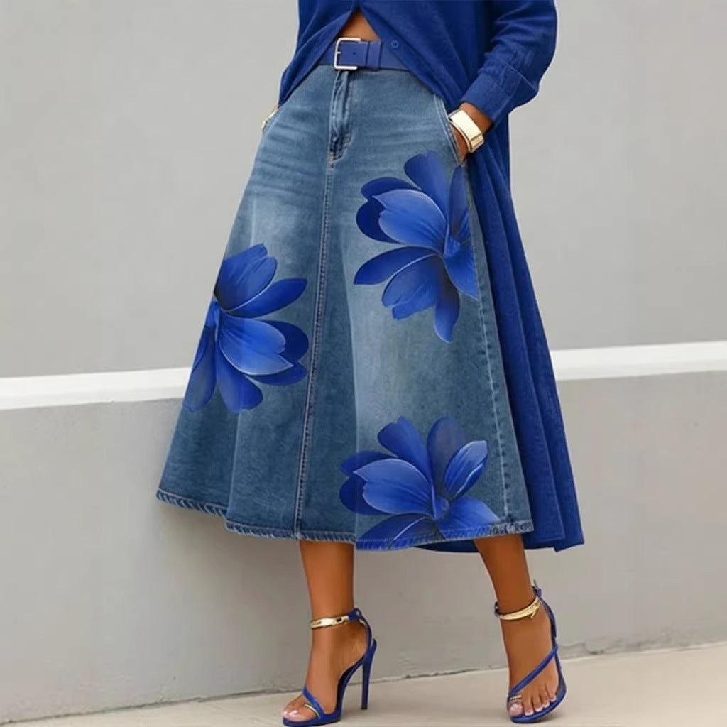 Jupe midi en jean à imprimé floral