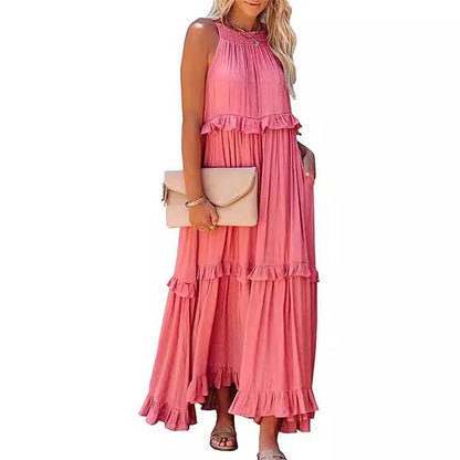 Robe longue fluide à volants et plusieurs niveaux, coupe halter