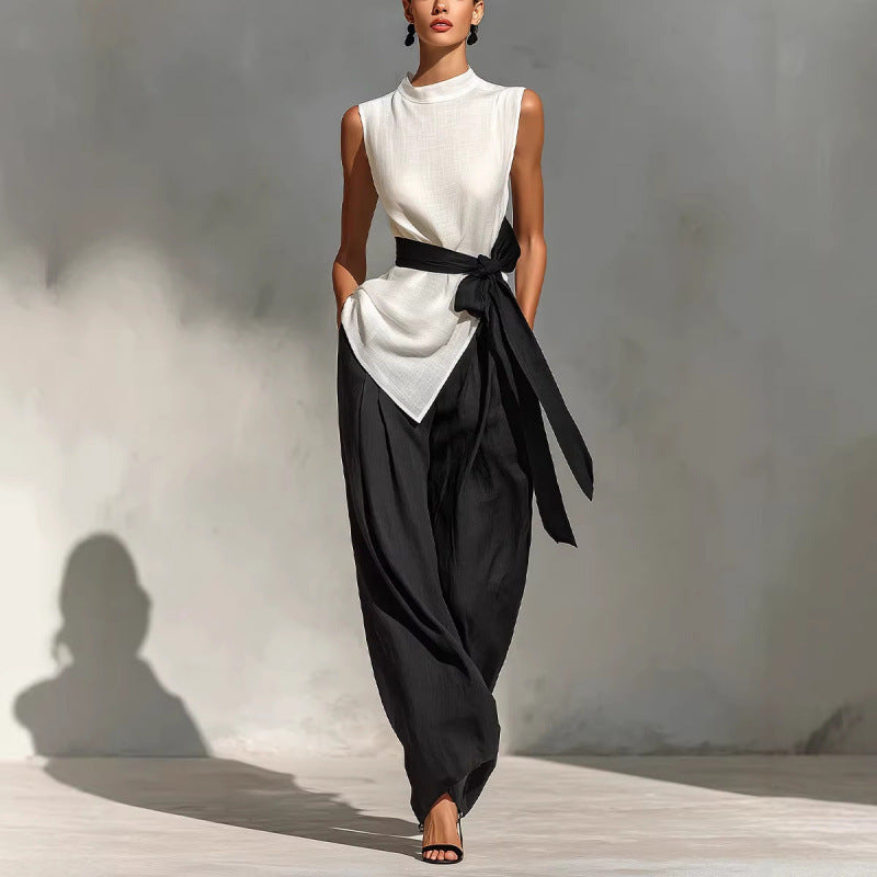 Ensemble deux pièces pour femme : haut sans manches à lacets et à couleur contrastante + pantalon à jambes larges