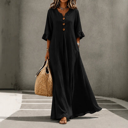 Robe longue en lin à col en V et manches volantées