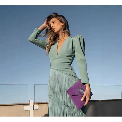 Robe mi-longue Femme à Manches Bouffantes et Franges, Col en V Profond