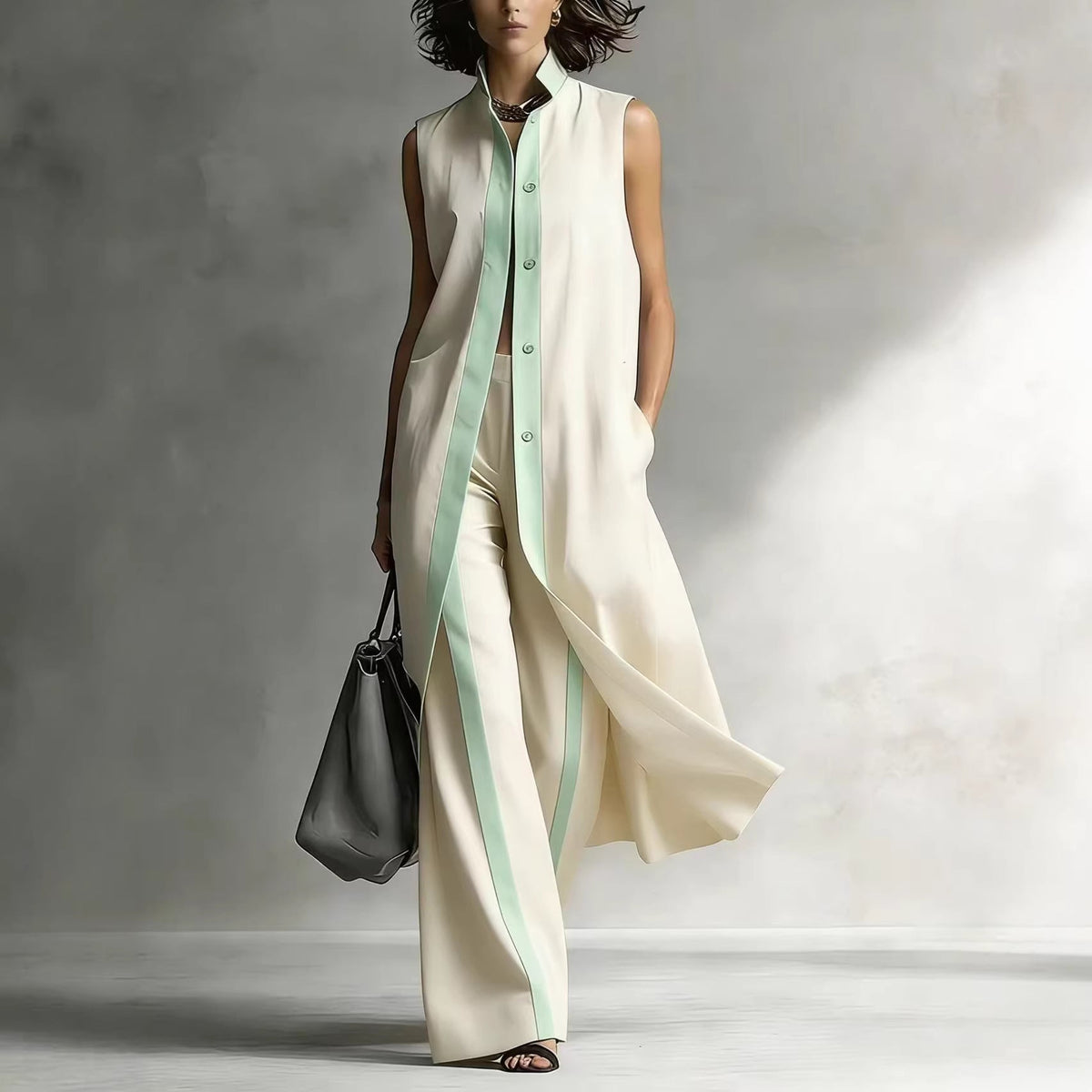 Ensemble Tunique sans Manches Contraste et Pantalon Large Jambe Sophistication Moderne, Style Ajusté Sans Effort