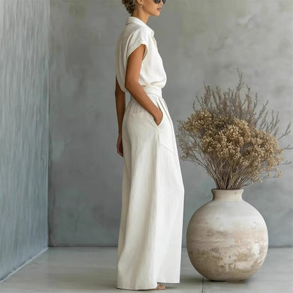 Ensemble deux pièces chemise et pantalon large de couleur unie décontracté printemps et été