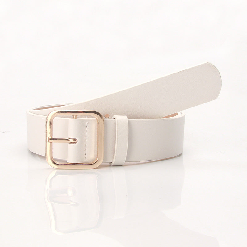 Women’s Minimalist Square Metal Buckle Leather Belt Casual Solid Waist Cinch Belt - Gold buckle white