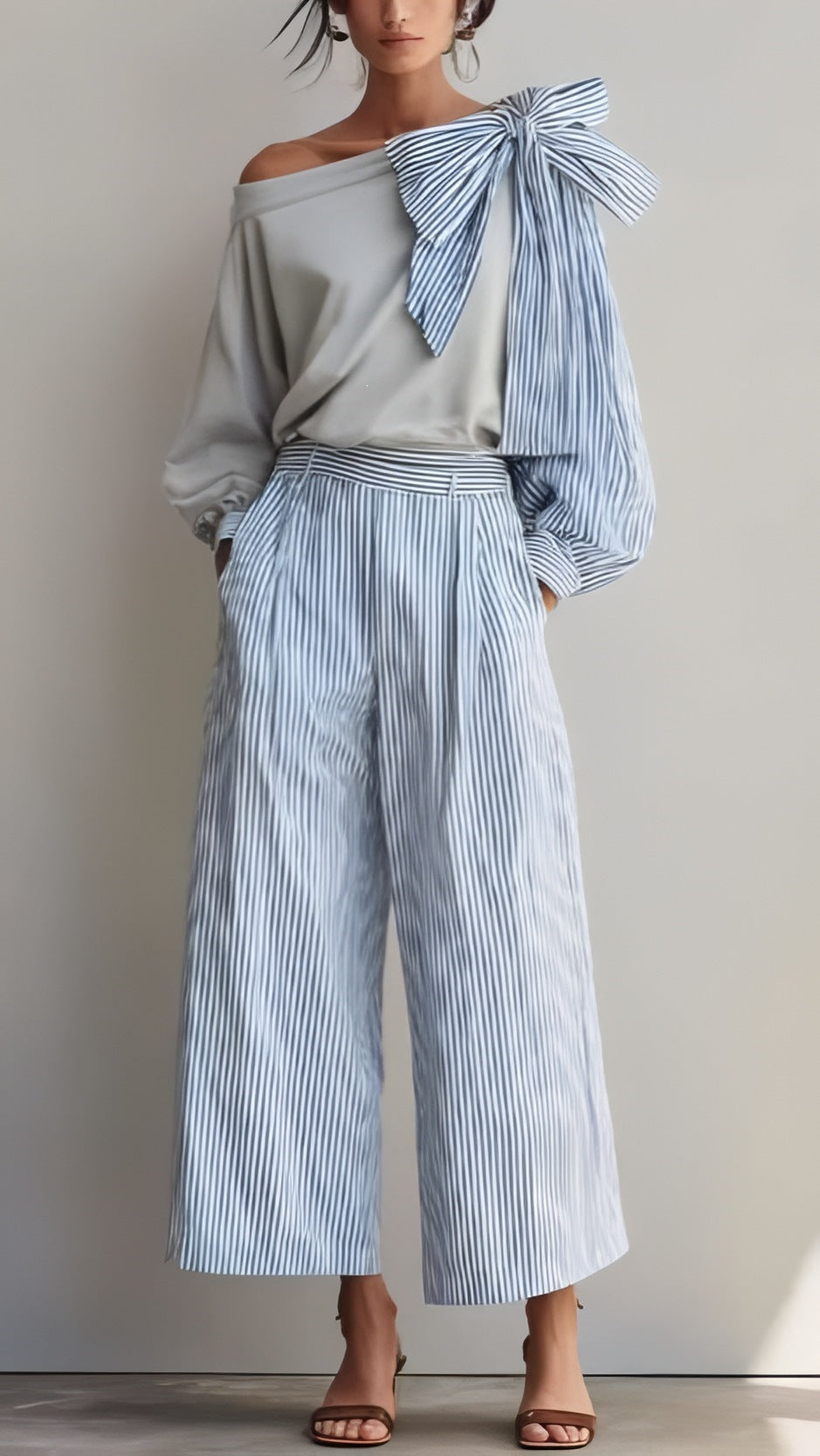 Costume Pantalon Droit Femme Rayé Décontracté Élégant