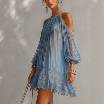 Robe trapèze plissée bleu pâle à épaules dénudées