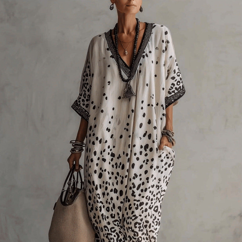 Robe longue caftan chauve-souris à imprimé léopard dégradé blanc