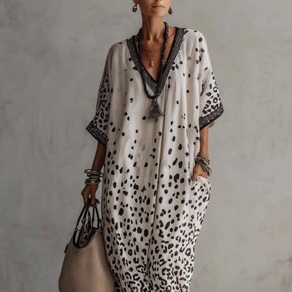 Robe longue caftan chauve-souris à imprimé léopard dégradé blanc