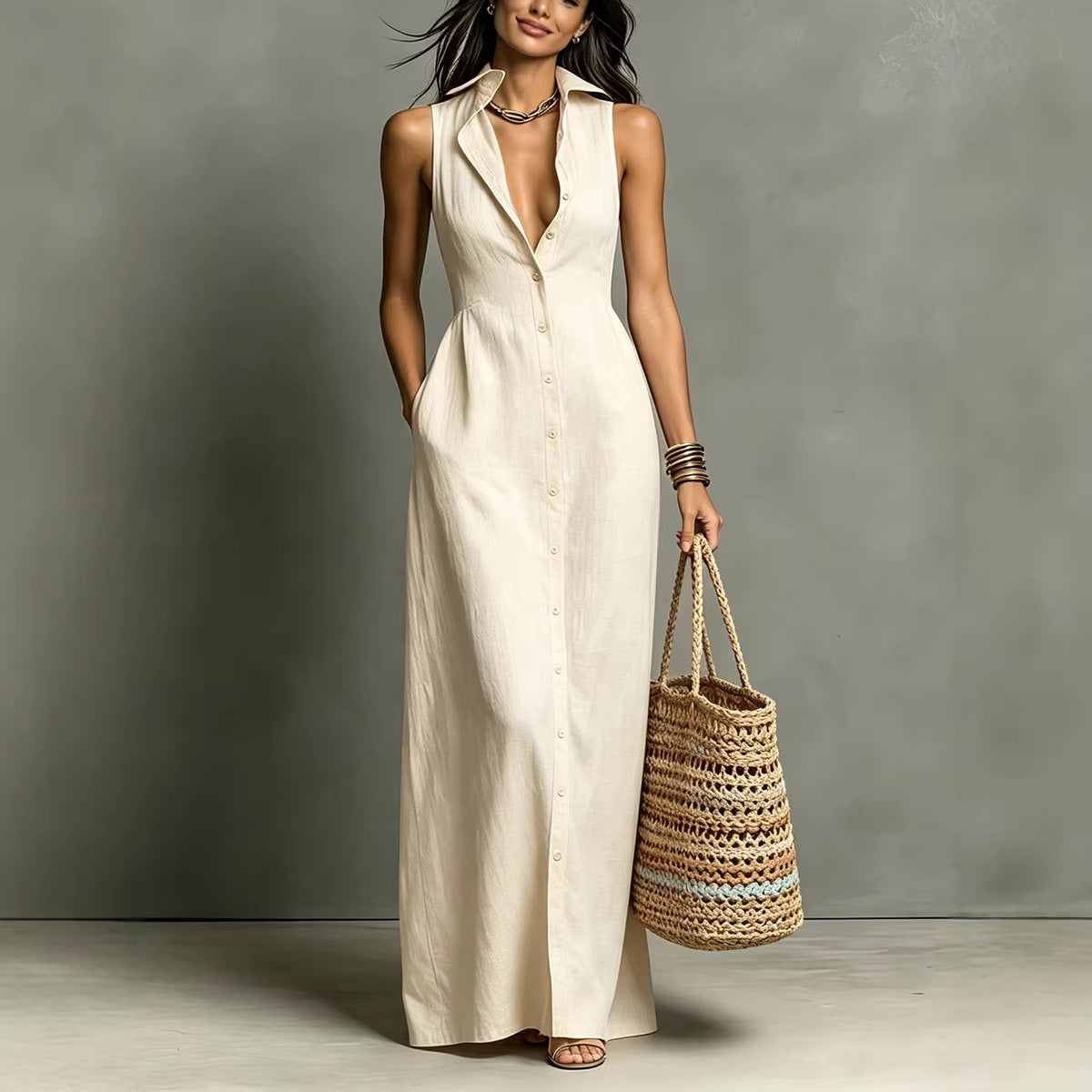 Robe chemise longue sans manches croisée et col en lin mélangé minimaliste pour femme