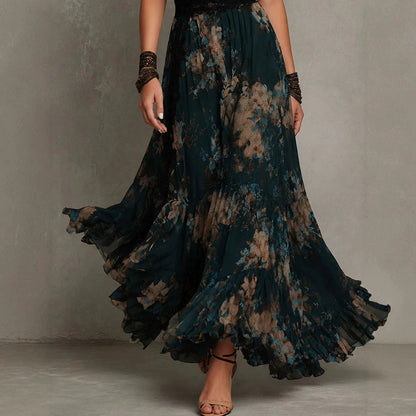 Robe longue bohème vintage à fleurs avec col en V, manches volantées en dentelle et ourlet à volants à la taille