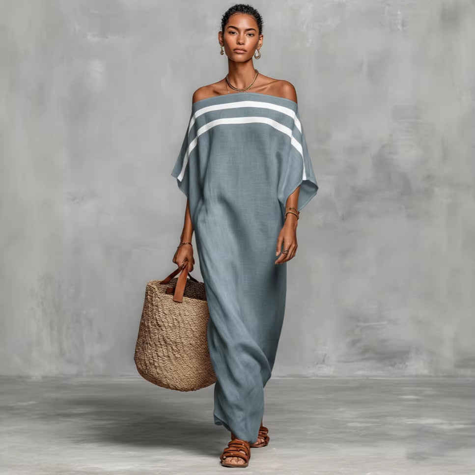 Robe longue caftan en lin à rayures, épaules dénudées et manches chauve-souris