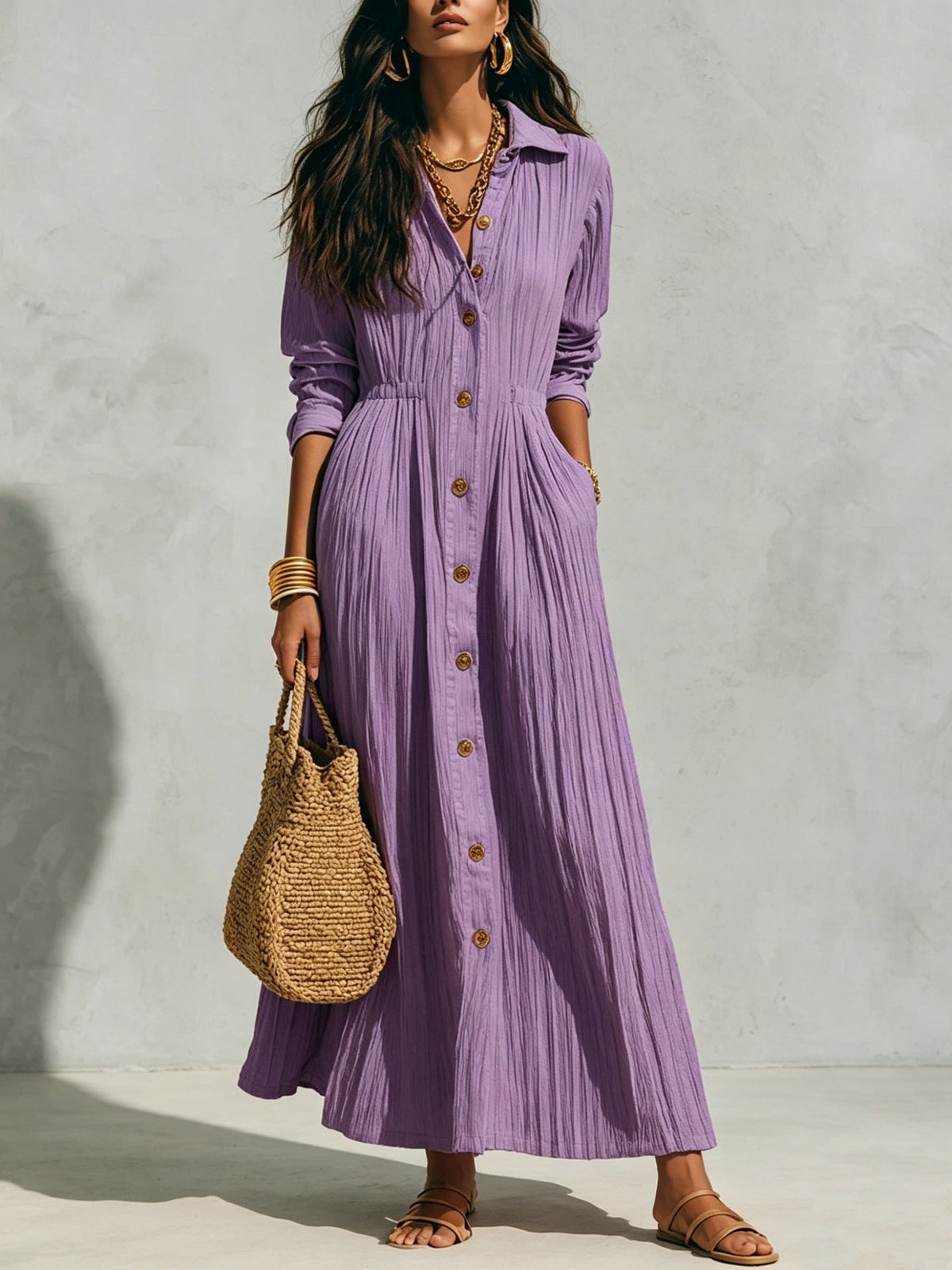 Robe maxi chemise boutonnée froissée ample