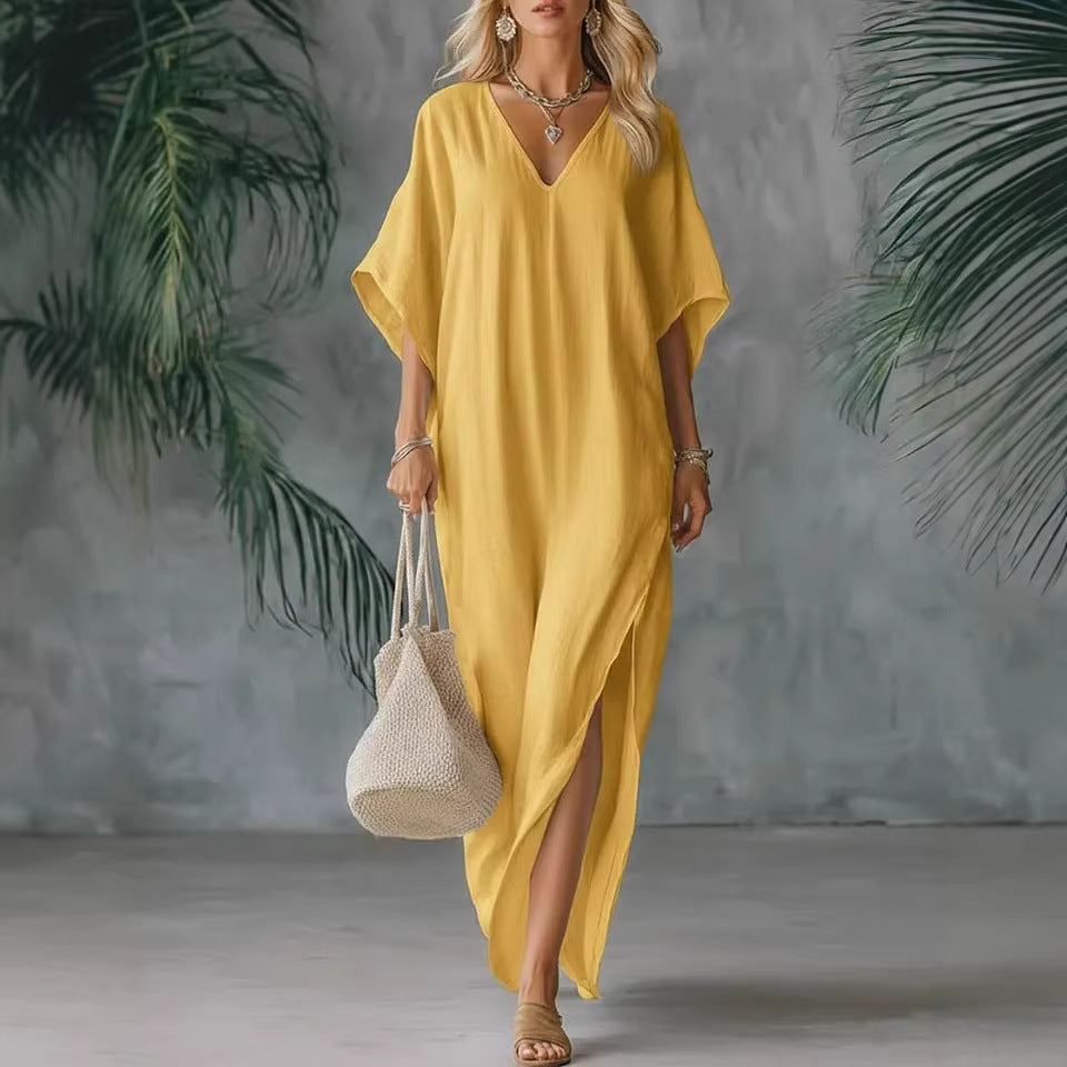 Robe longue caftan à col en V en mélange de lin