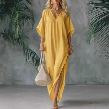 Robe longue caftan à col en V en mélange de lin