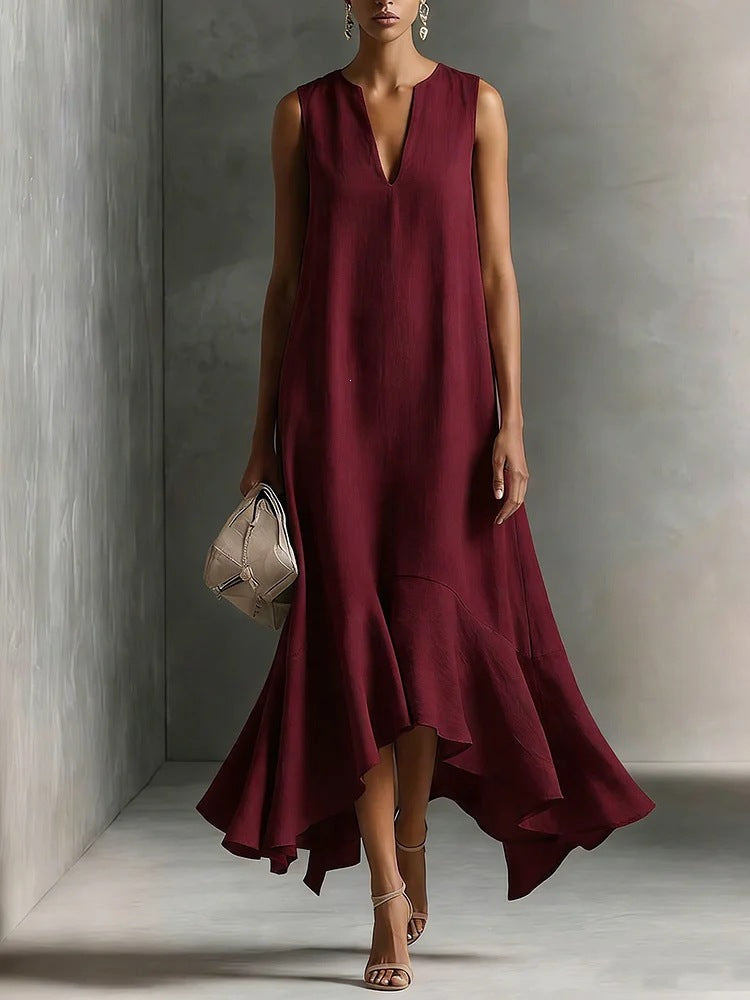 Robe midi sans manches en lin à col en V et ourlet volanté