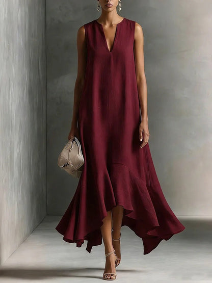 Robe midi sans manches en lin à col en V et ourlet volanté