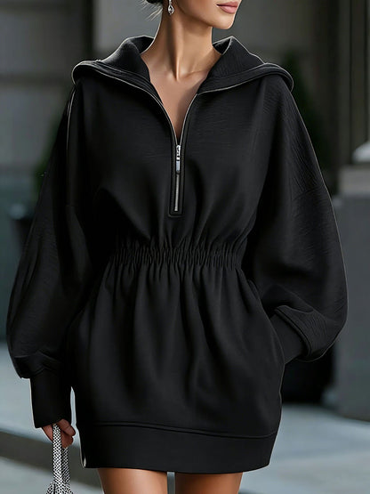 Robe Courte à Capuche et Demi-Zip pour Femme avec Taille Élastique et Manches Longues – Robe Décontractée en Molleton