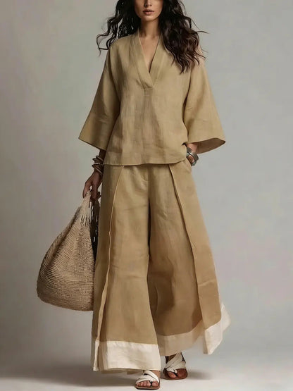 Ensemble chemise col V manches trois-quarts et pantalon large contrastant pour femme
