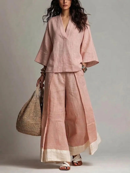 Ensemble chemise col V manches trois-quarts et pantalon large contrastant pour femme