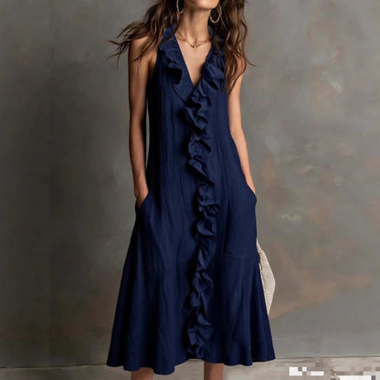 🌿 Robe midi sans manches à col en V volanté