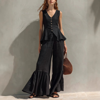 Ensemble haut péplum et pantalon large à volants en mélange de lin moutarde