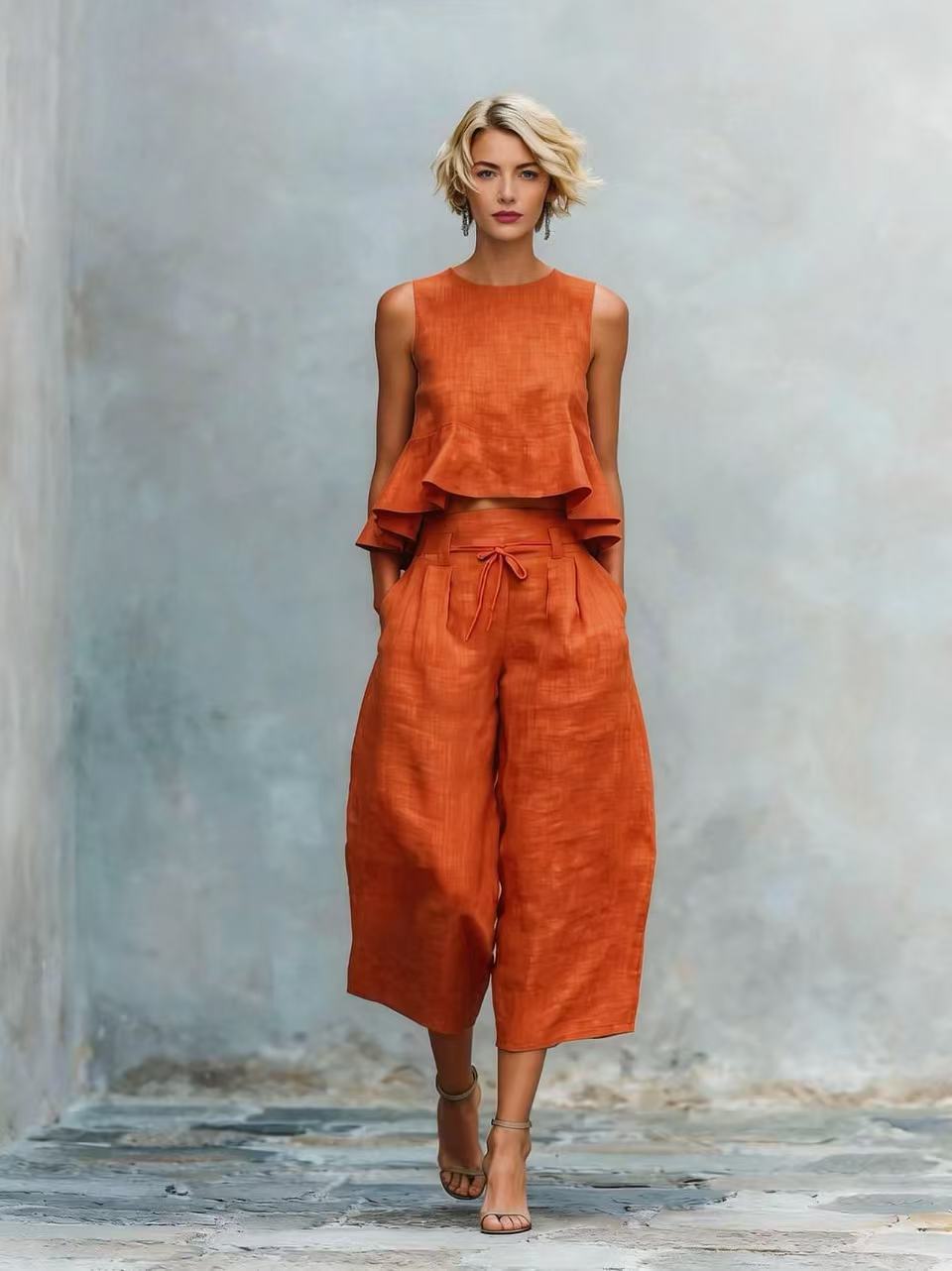 Ensemble deux pièces caraco court à volants en lin et pantalon culotte taille nouée