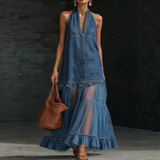 Robe longue en jean et tulle à plusieurs niveaux avec licou