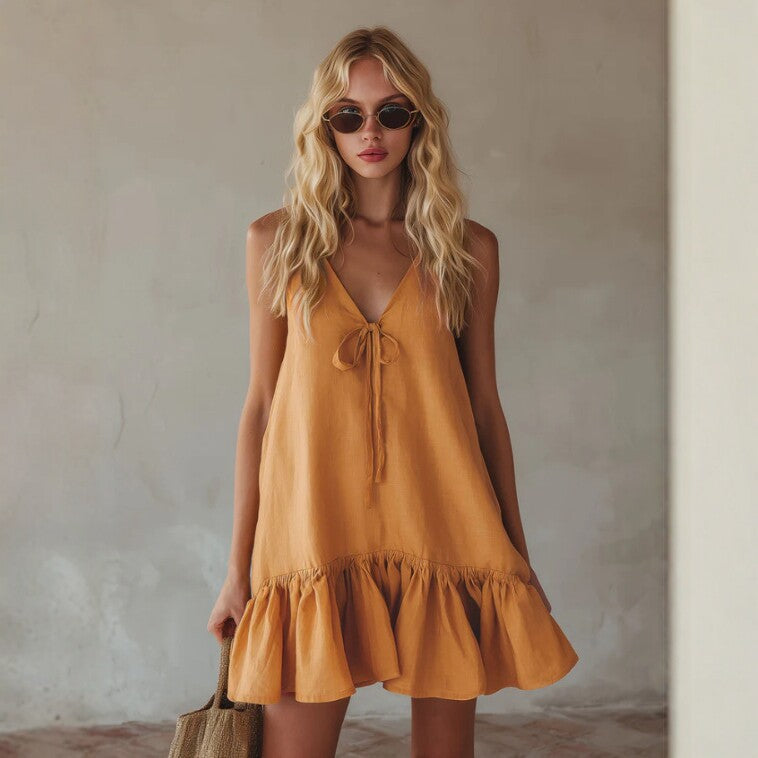 Mini-robe en lin à bretelles fines avec nœud sur le devant, couleur moutarde