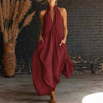 Robe longue de vacances unie sans manches à col montant