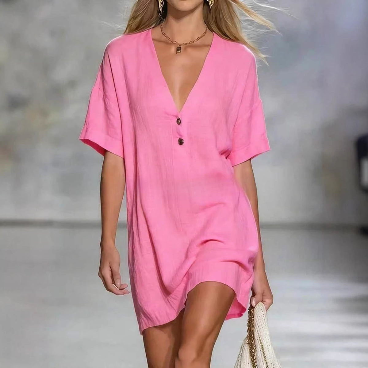 Robe chemise en lin mélangé à col en V, chic et facile à porter