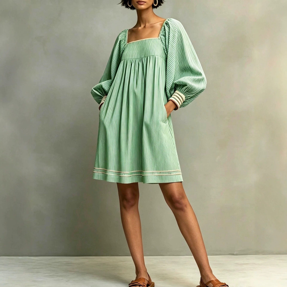 Mini-robe rayée à col carré et manches ballons