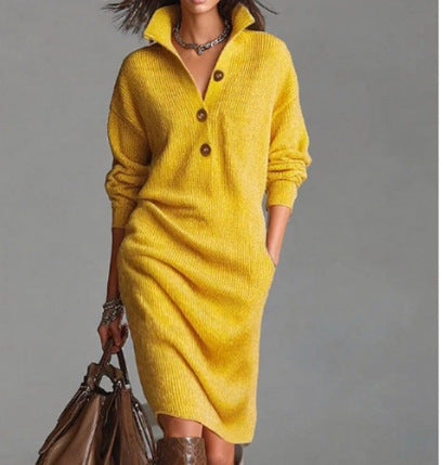 Robe pull mi-longue décontractée ample à revers et boutons pour femme, collection automne.