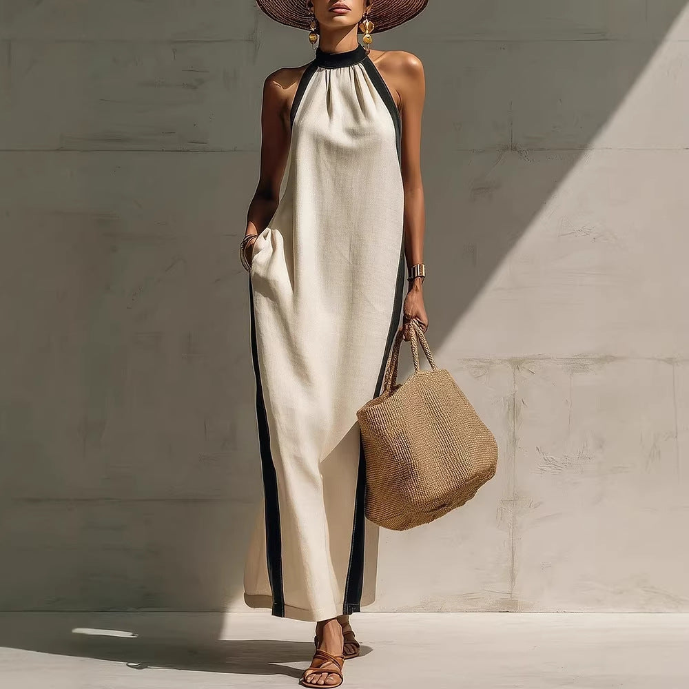 Robe longue licou à liseré contrastant