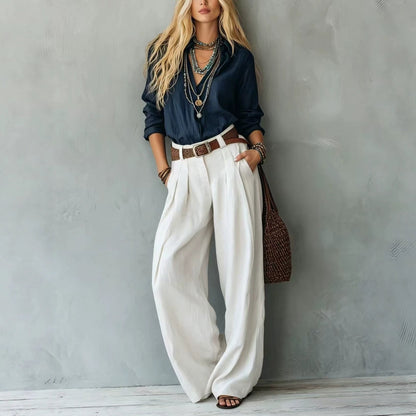 Ensemble deux pièces bohème chemise ample en lin bleu marine et pantalon large plissé en lin beige